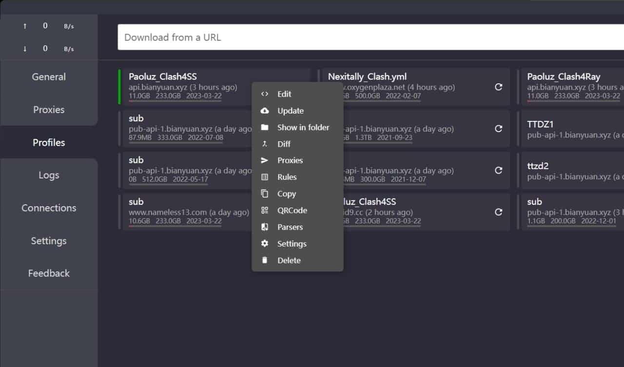 Clash for Windows 配置文件设置界面截图 - 展示如何导入和管理代理配置文件